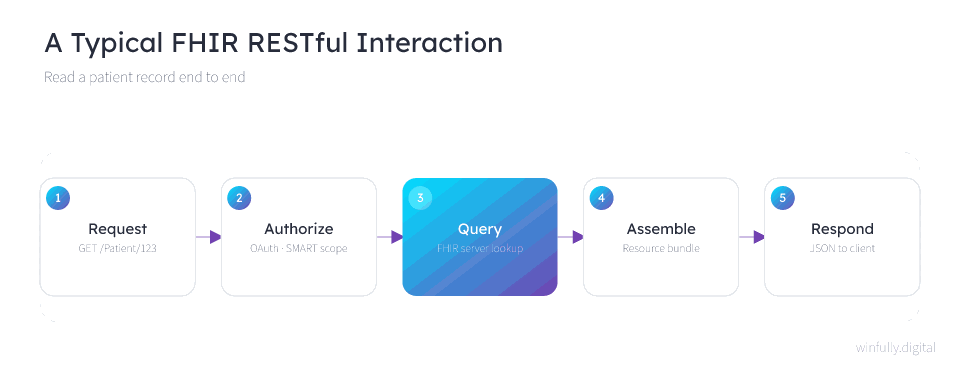 Animated FHIR RESTful interaction flow — request, OAuth authorization with a SMART scope, FHIR server query, resource-bundle assembly, and JSON response returned to the client